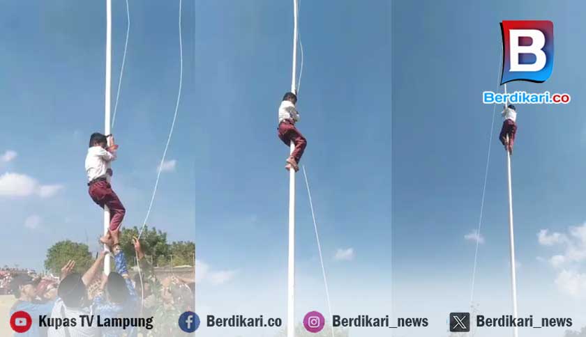 Viral, Bocah SD di Lampung Panjat Tiang Demi Perbaiki Tali Bendera