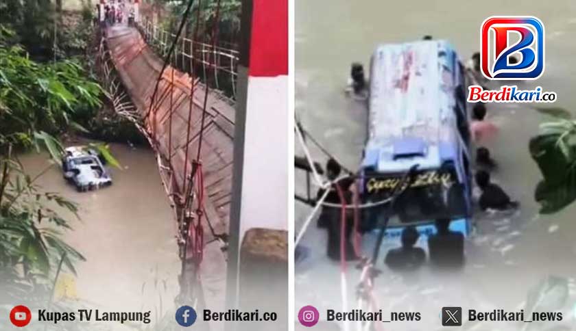 Minibus Terjun ke Sungai Saat Lewat Jembatan Gantung di Tanggamus
